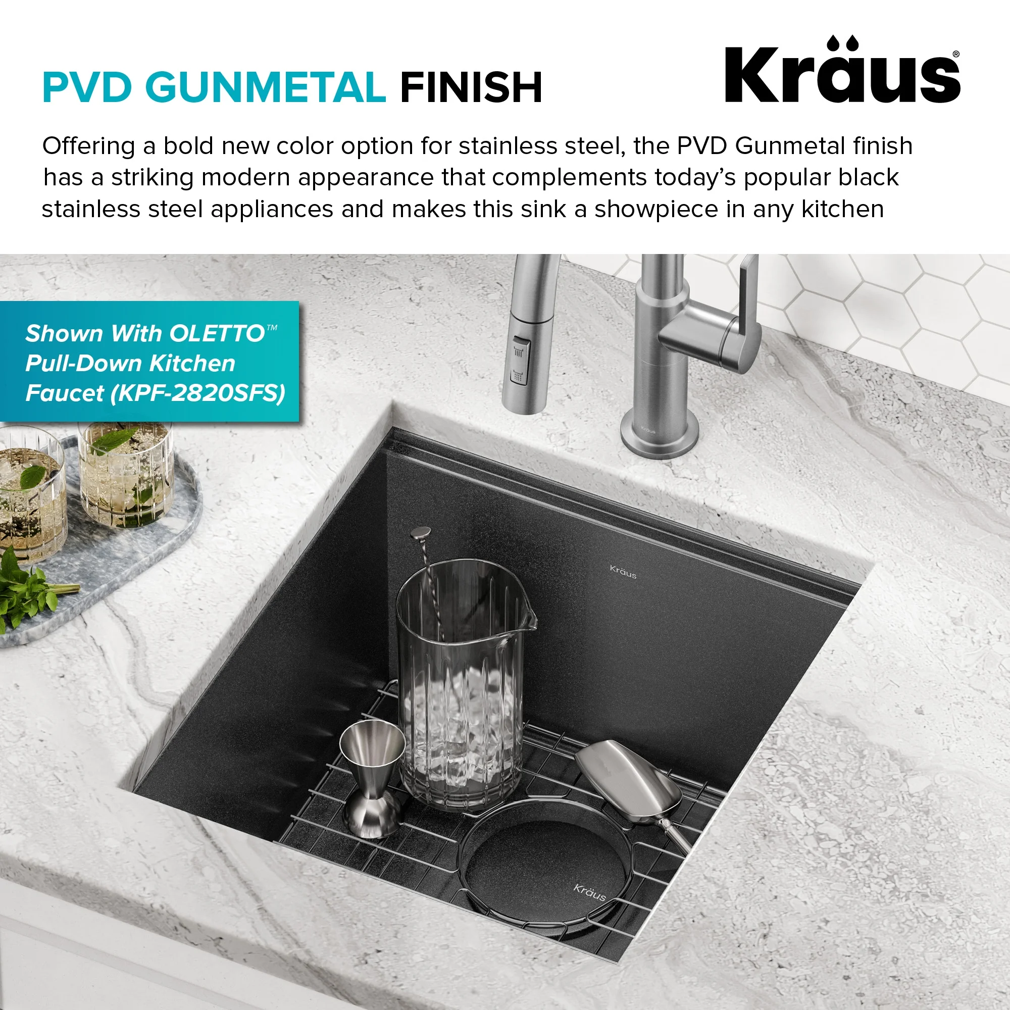KRAUS Kore 17 Undermount Workstation 16 Gauge Black Stainless Steel Single Bowl Kitchen Bar Sink in PVD Gunmetal Finish with Accessories