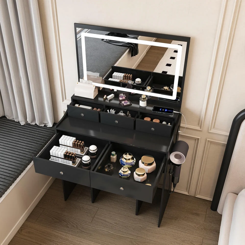 Kadyn Vanity Desk with Lighted Mirror, Vanity Table and Chair Set with 2 Drawers, Dressing Table Makeup Desk with 1 Door, Retro Gray