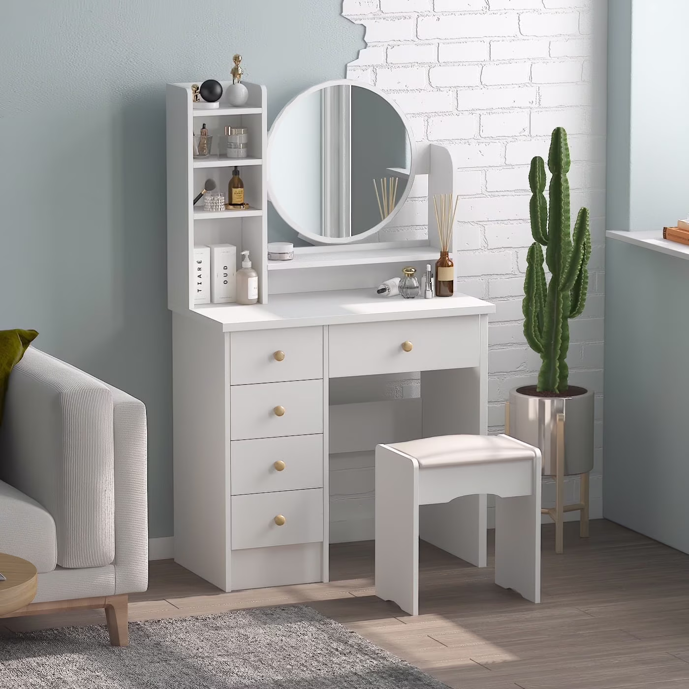 MONSLIPA Makeup Vanity Desk Set w/ Light, Sturdy Dressing Vanity Table with Bench, Shelves & Drawers