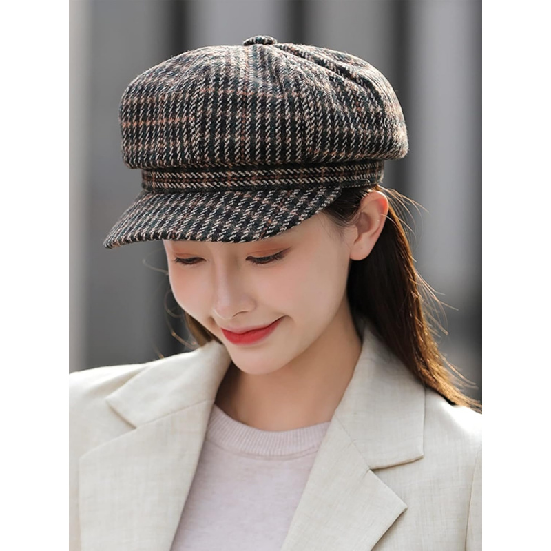 Women's Newsboy Cap Retro Plaid Octagonal Hat