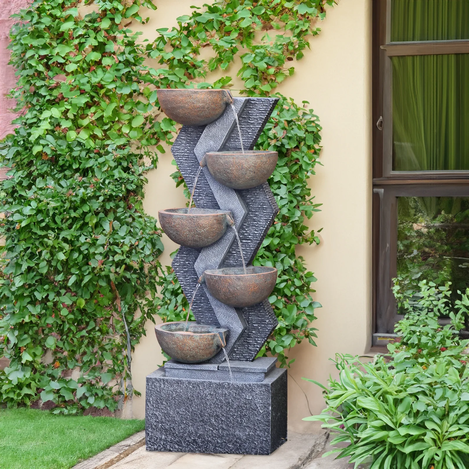 6-Tier Garden Outdoor Fountains and Waterfalls with Lights & Bowls for Patio, Backyard, Deck, Porch and Home Decor