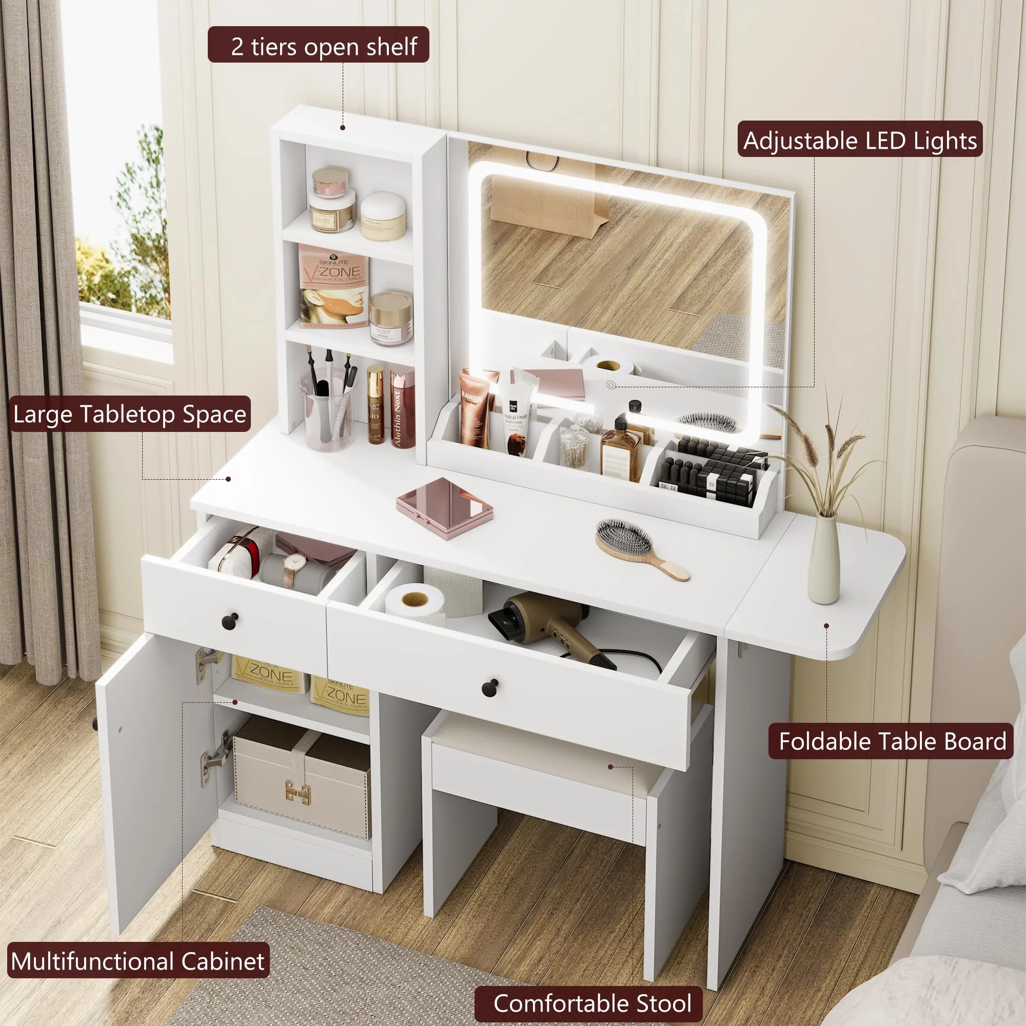 DSstyles Brown/Black/White Vanity Desk with LED Lighted Mirror & Power Outlet, Makeup Vanity with Drawers & Cabinet & Chair, Vanity Table Set for Bedroom