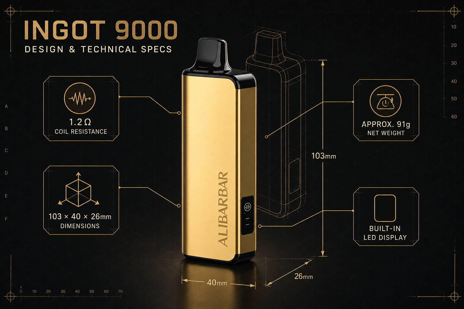 ALIBARBAR Ingot 9000 1.2 ohm coil dimensions weight and built-in LED display specifications