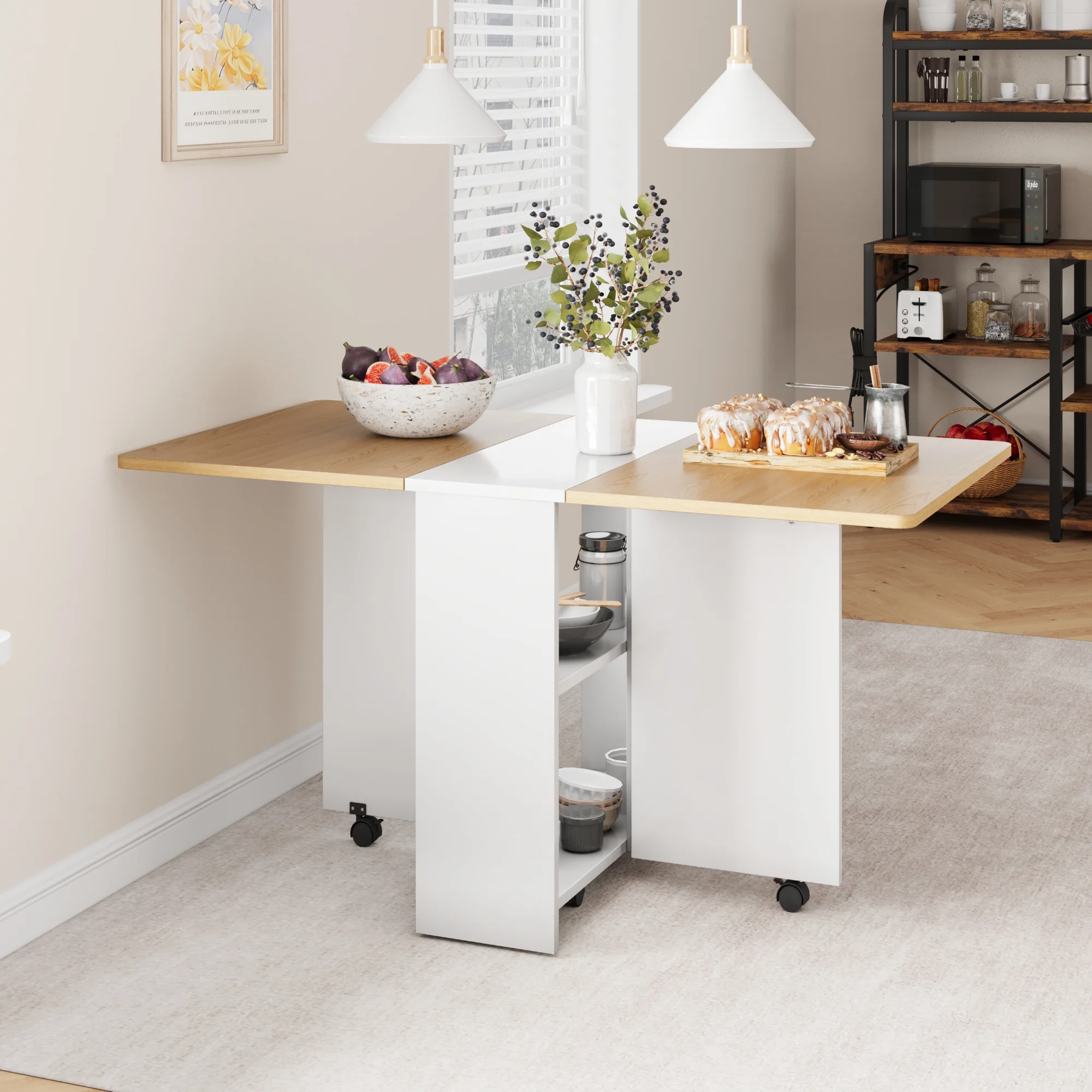 Danolapsi Folding Dining Table,Dinner Table with Wheels and 2-Layer Storage Shelf,Farmhouse Wood Kitchen Dining Room Tables Set for 4, Expandable Rectangle Dinner Kitchen Office Furniture