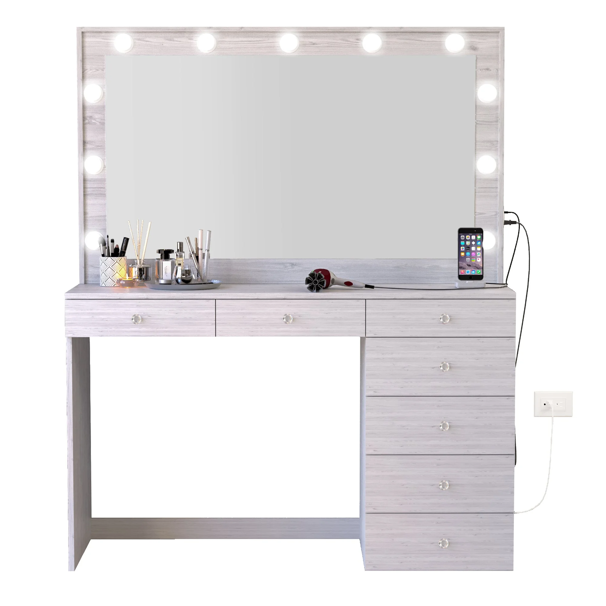 Ember Interiors Peggy Vanity Desk with Lighted Mirror and USB Ports