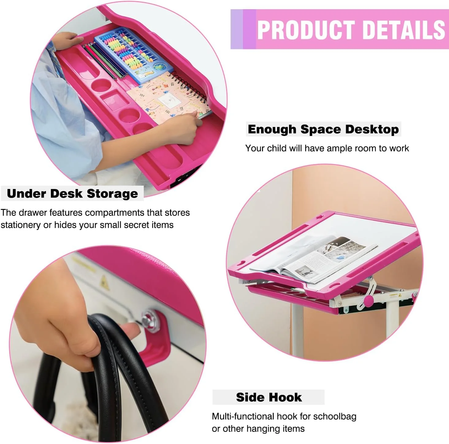 PayLessHere Kids Desk and Chair Set,Height Adjustable with Pull Out Drawer Storage,Pink