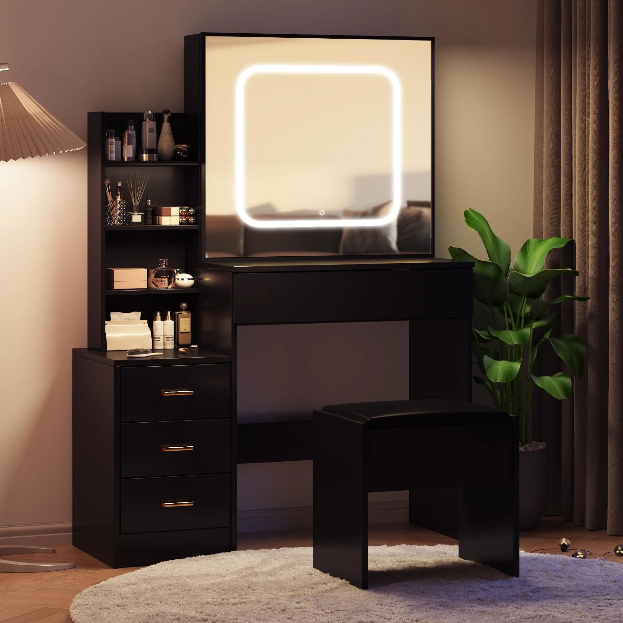 Vanity Desk with Sliding Mirror & Lights, Makeup Vanity Set with Charging Station 4 Drawers 7 Shelves, Large Vanity Set with Cushioned Stool for Bedroom, White