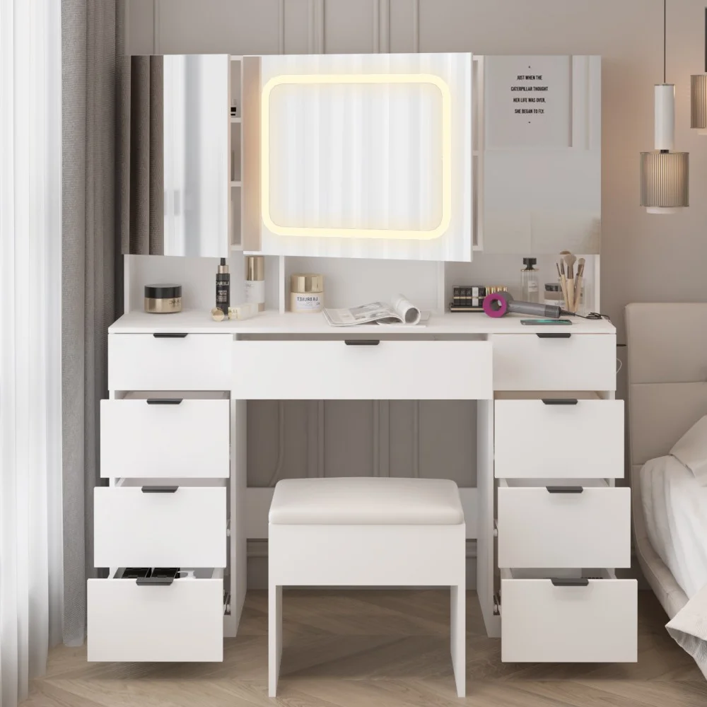 IVV Vanity Desk Set with Large LED Lighted Mirror & Power Outlet, Makeup Dressing Table with 9 Drawers and 3 Cabinets in Mirrored Doors, 47