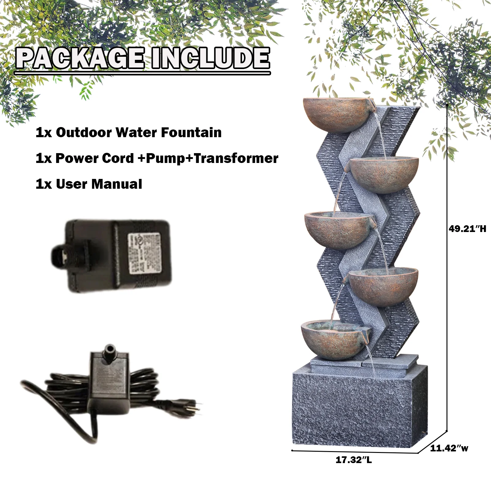6-Tier Garden Outdoor Fountains and Waterfalls with Lights & Bowls for Patio, Backyard, Deck, Porch and Home Decor