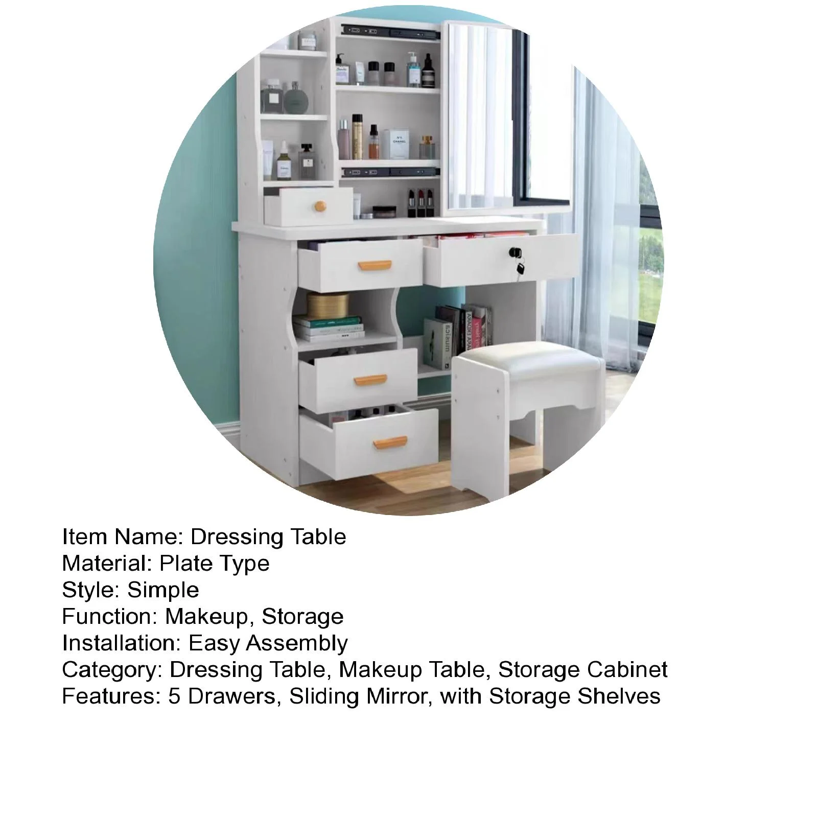 Biplut Vanity Desk with Sliding Mirror, Bedroom Dressing Table, Makeup Table with 5 Drawers & Shelves, Hidden Storage Space