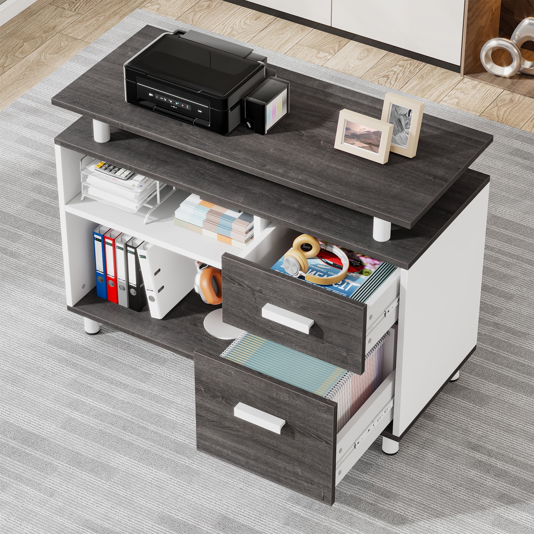 Tribesigns 63 Inch Executive Desk with File Cabinet, Large Office Desk L Shaped Computer Desk with Drawers and Storage Shelves, Business Furniture Desk Workstation for Home Office, Brown and Black