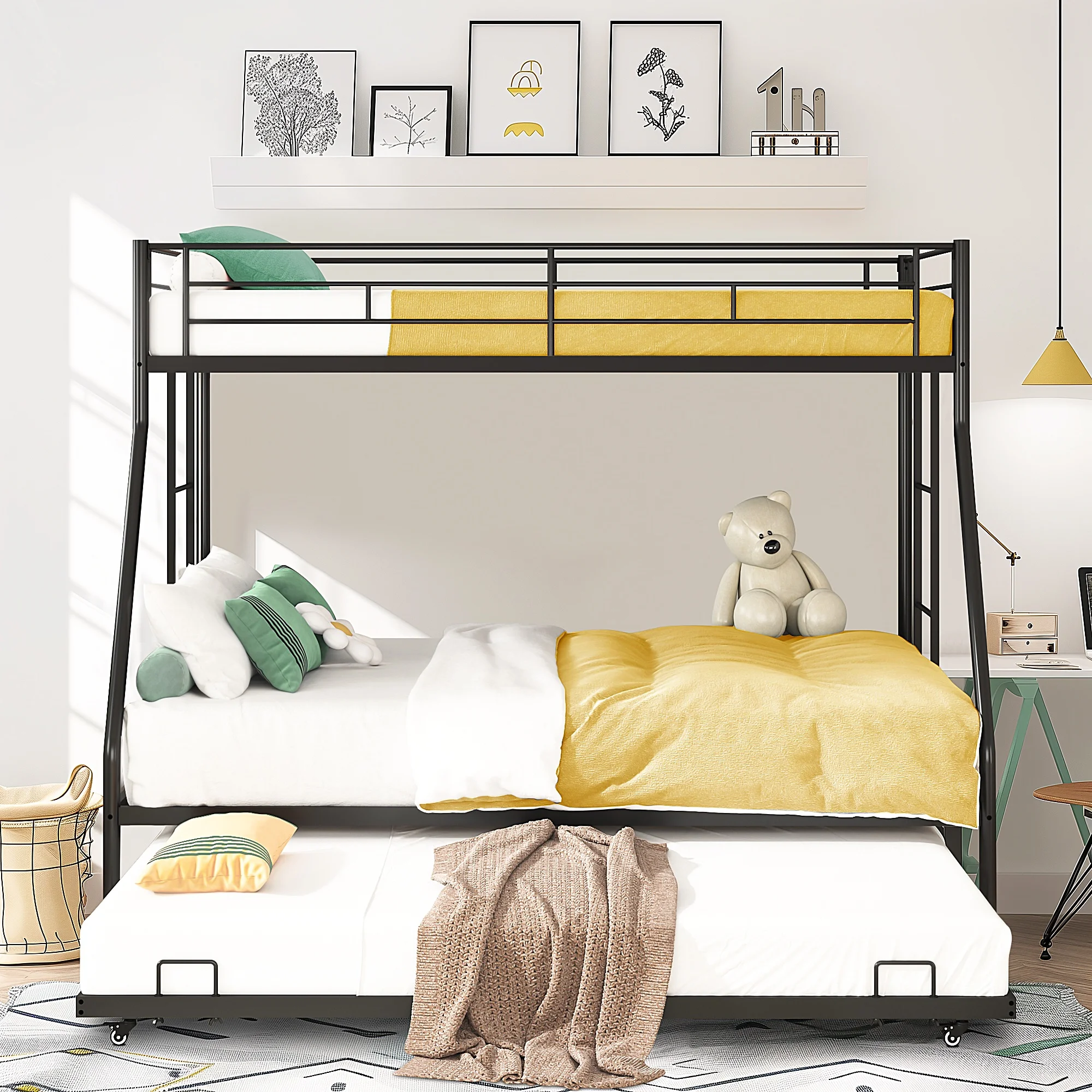Twin Over Full Metal Bunk Beds with Trundle Bed, UHOMEPRO Metal Bunk Beds for Kids Teens Adults with Ladders, Twin Over Full Size Bunkbed Frame, No Box Spring Needed, with CPC Certification, Black