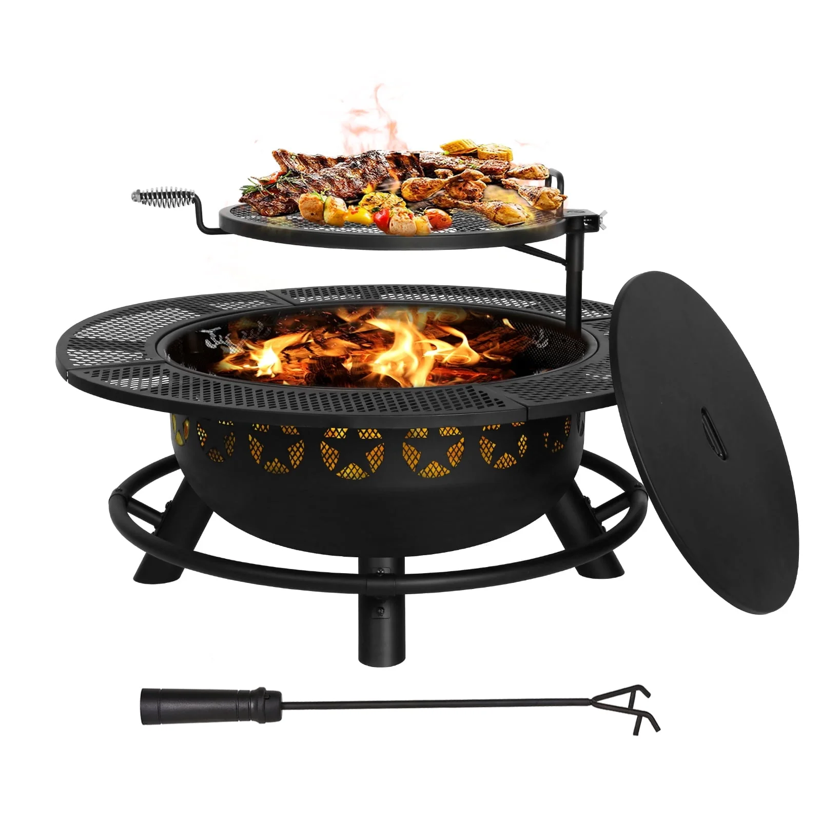 Hykolity 35 Inch Fire Pit with Cooking Grate & Charcoal Pan, Outdoor Wood Burning BBQ Grill Firepit Bowl with Cover Lid, Steel Round Table for Backyard Bonfire Patio Picnic