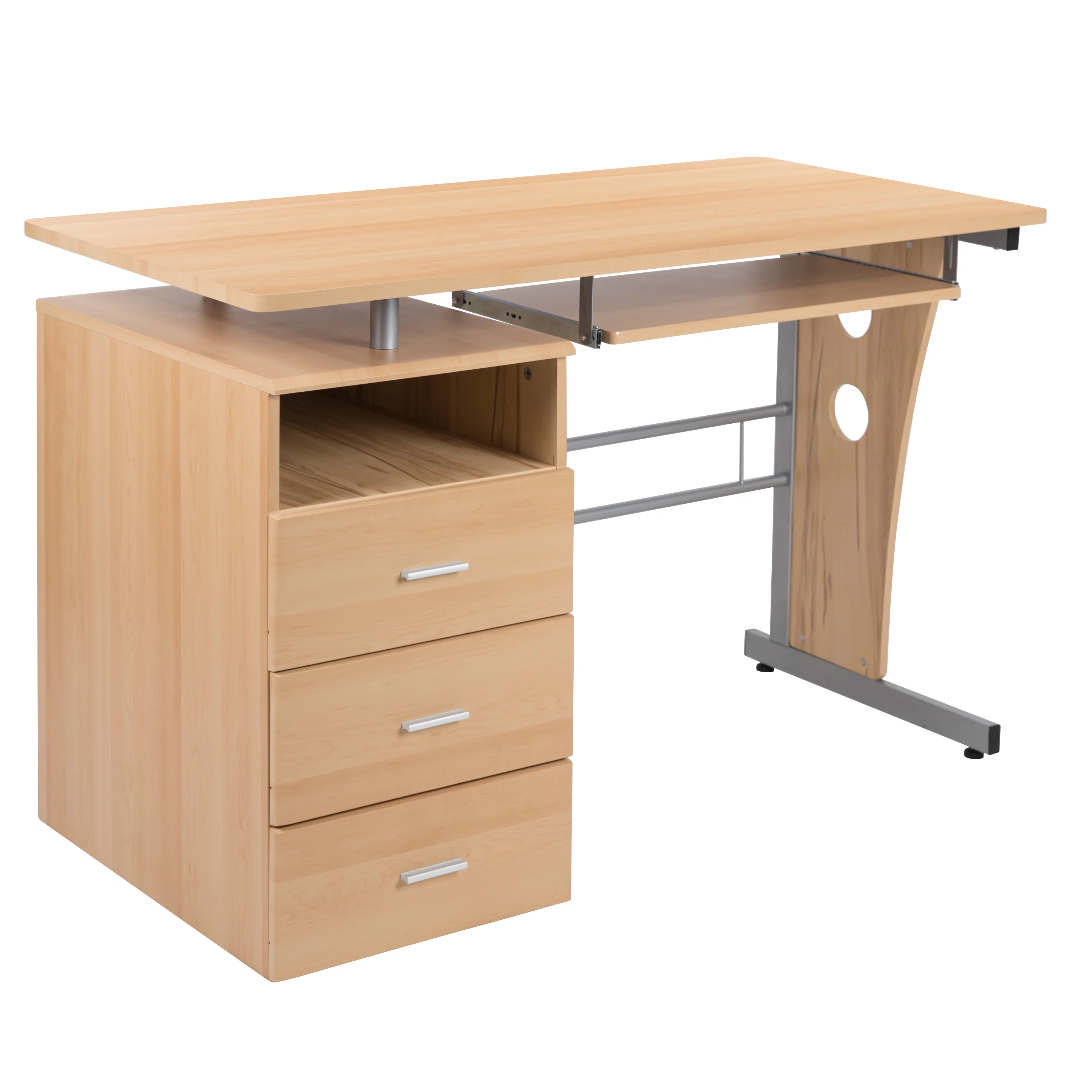 Flash Furniture Rustic Walnut Desk with Three Drawer Pedestal and Pull-Out Keyboard Tray