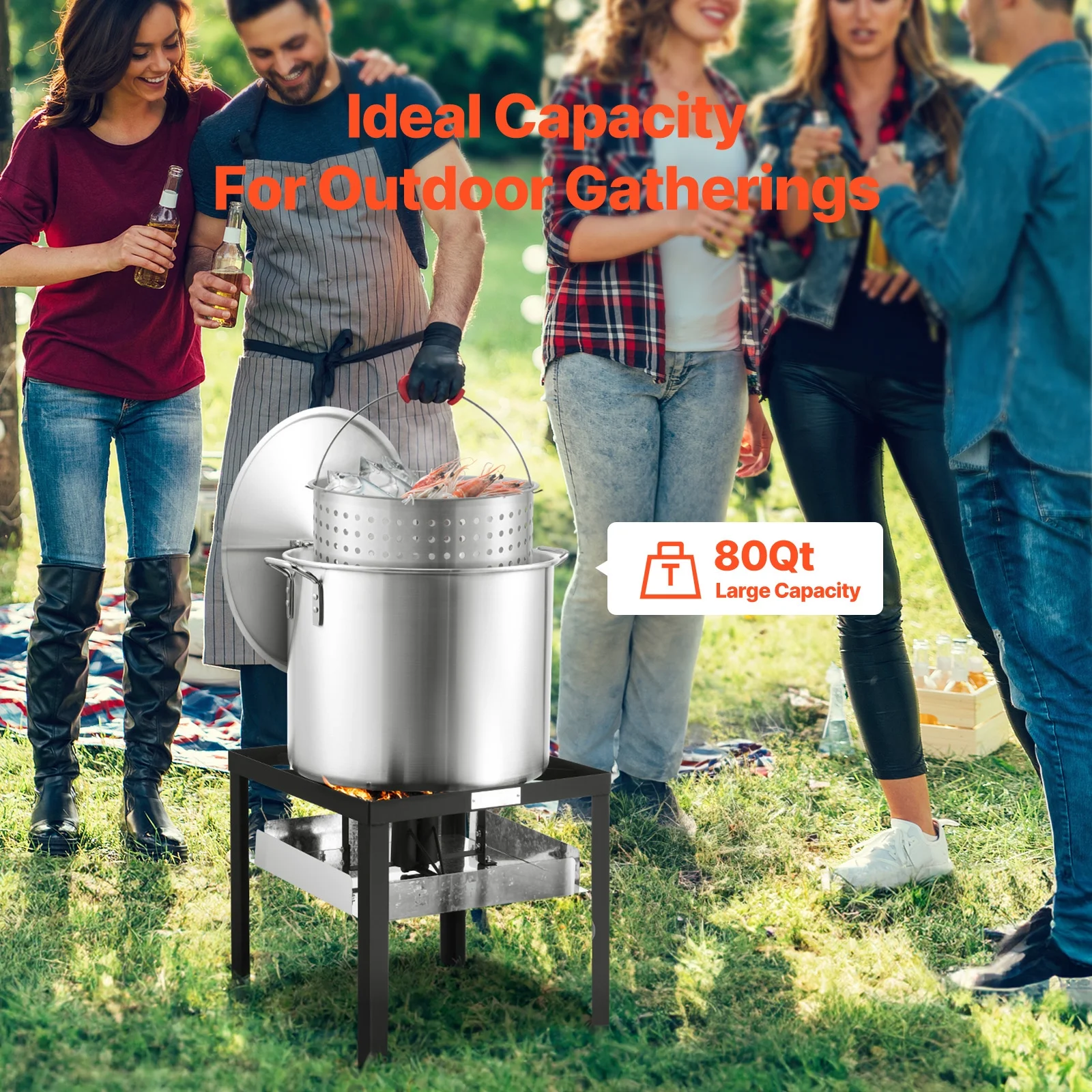 KFFKFF 80 Qt Seafood Cooking Set with Filter, Exterior Seafood Boil Container and Holder, Culinary Kit, Aluminum Soup Pot with 100,000 BTUs Propane Heater and Steam Grid