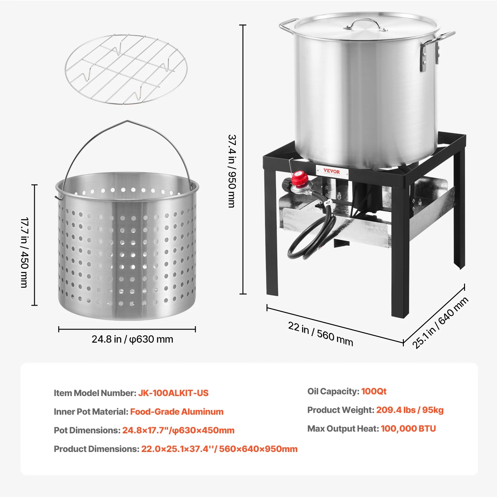 VEVOR 100 Qt Seafood Boiling Kit with Strainer, Outdoor Seafood Boil Pot and Basket, Cooking Set for Crab Crawfish Lobster Boiling,Aluminum Stockpot with 100,000 BTUs Propane Burner and Steamer Rack