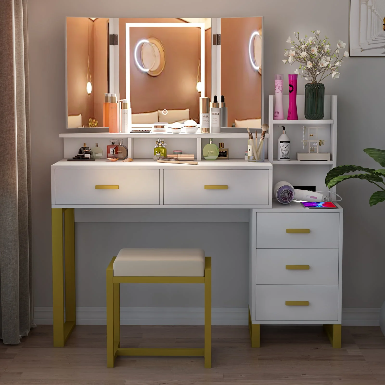 PAKASEPT Vanity Set with Tri-Fold Makeup Mirror, Large Vanity Desk Makeup Vanity with 3-Color Adjustable Touch Light, Charging Station, 5 Drawers, Storage Shelves&Cushioned Stool for Bedroom, White