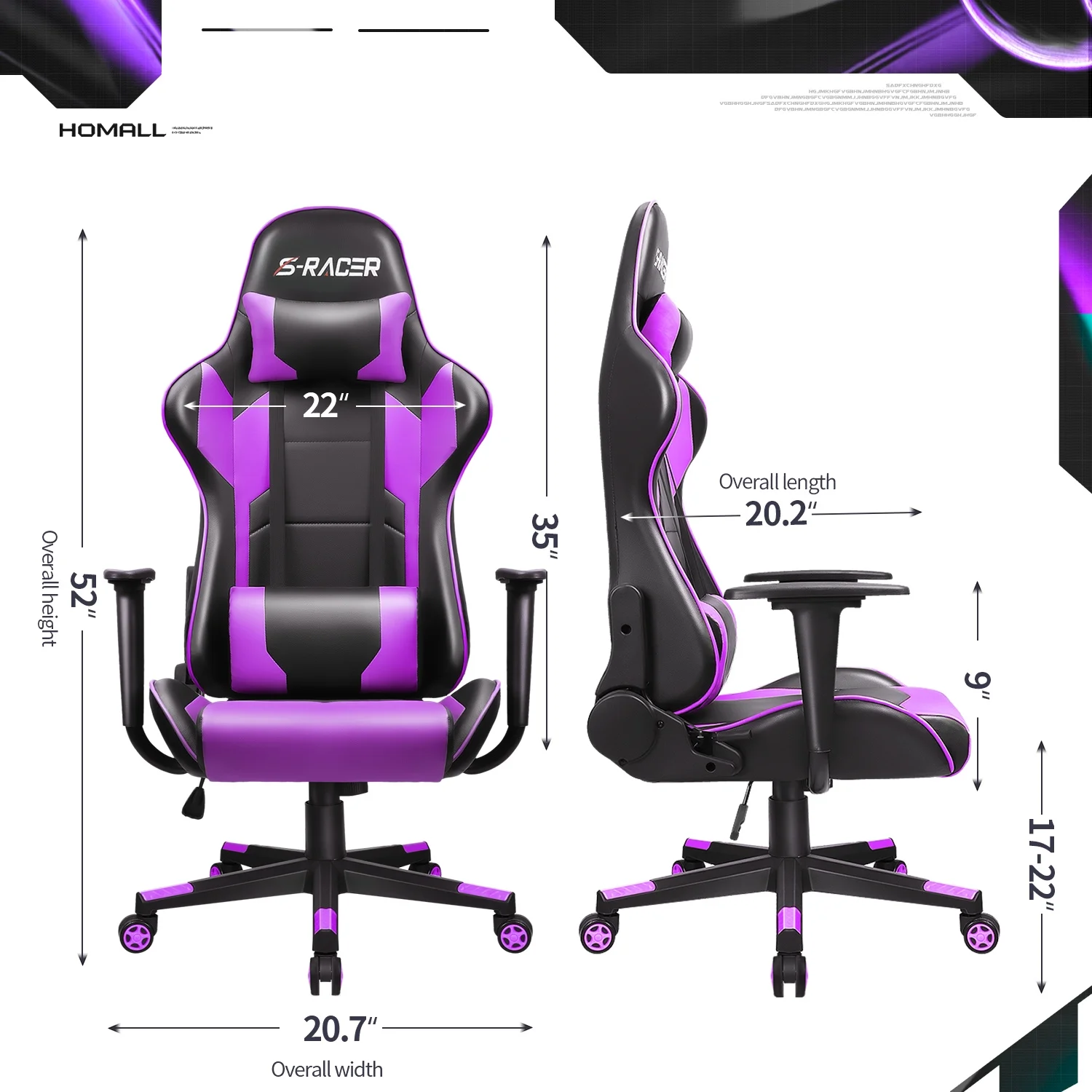 Homall Gaming Chair Office Chair High Back Computer Chair Leather Desk Chair Racing Executive Ergonomic Adjustable Swivel Task Chair with Headrest and Lumbar Support, Purple