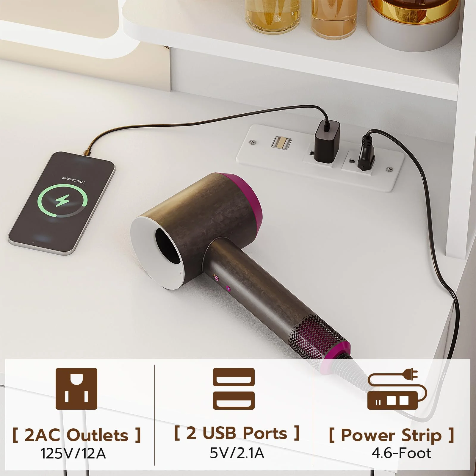 Afuhokles Large Vanity Desk with Lighted Mirror, 5 Drawers Makeup Vanity with Charging Station and Smart Mirror, White