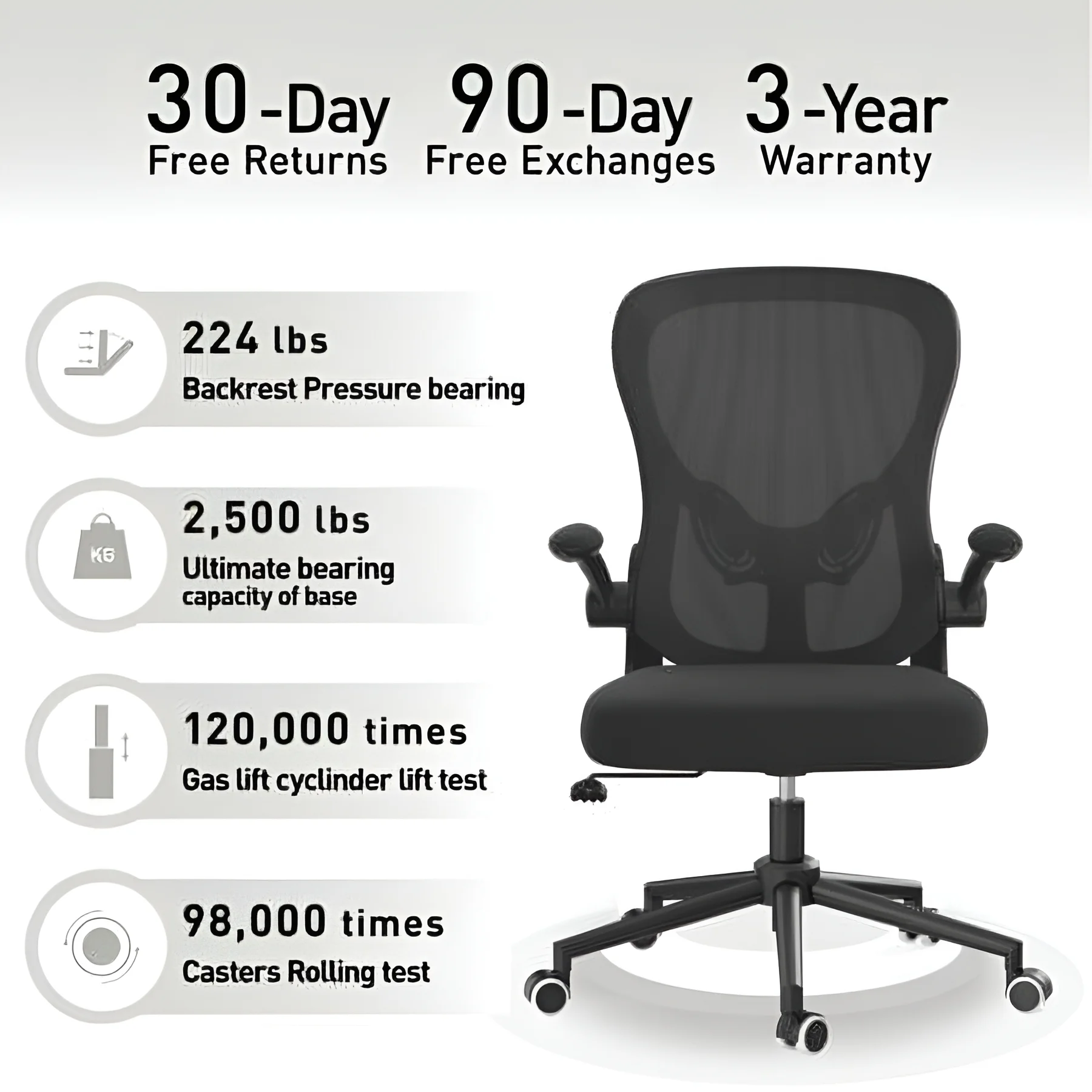 Hbada Office Chair, Ergonomic Desk Chair, Computer Mesh Chair with Lumbar Support and Flip-up Arms, Gray