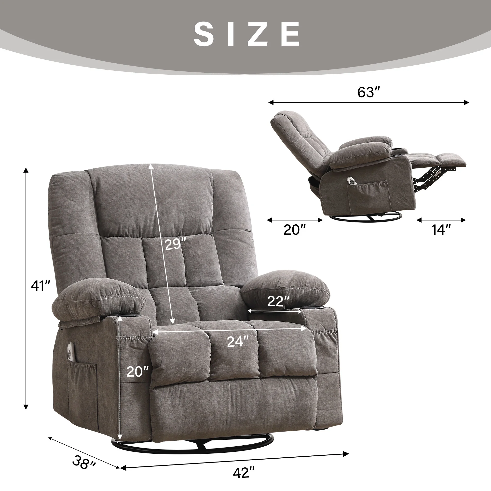 JONPONY Massage Swivel Rocker Recliner Chair with Vibration Massage and Heat Ergonomic Lounge Chair for Living Room with Rocking Function and Side Pocket, 2 Cup Holders, USB Charge Port,Grey