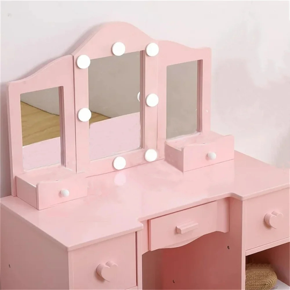 Zzistar Kids Vanity Table Set with Light, Tri-Folding Mirror, 5 Drawers and Square Stool, Wood Makeup Desk Dressing Table with Open Storage Shelves and Detachable Top