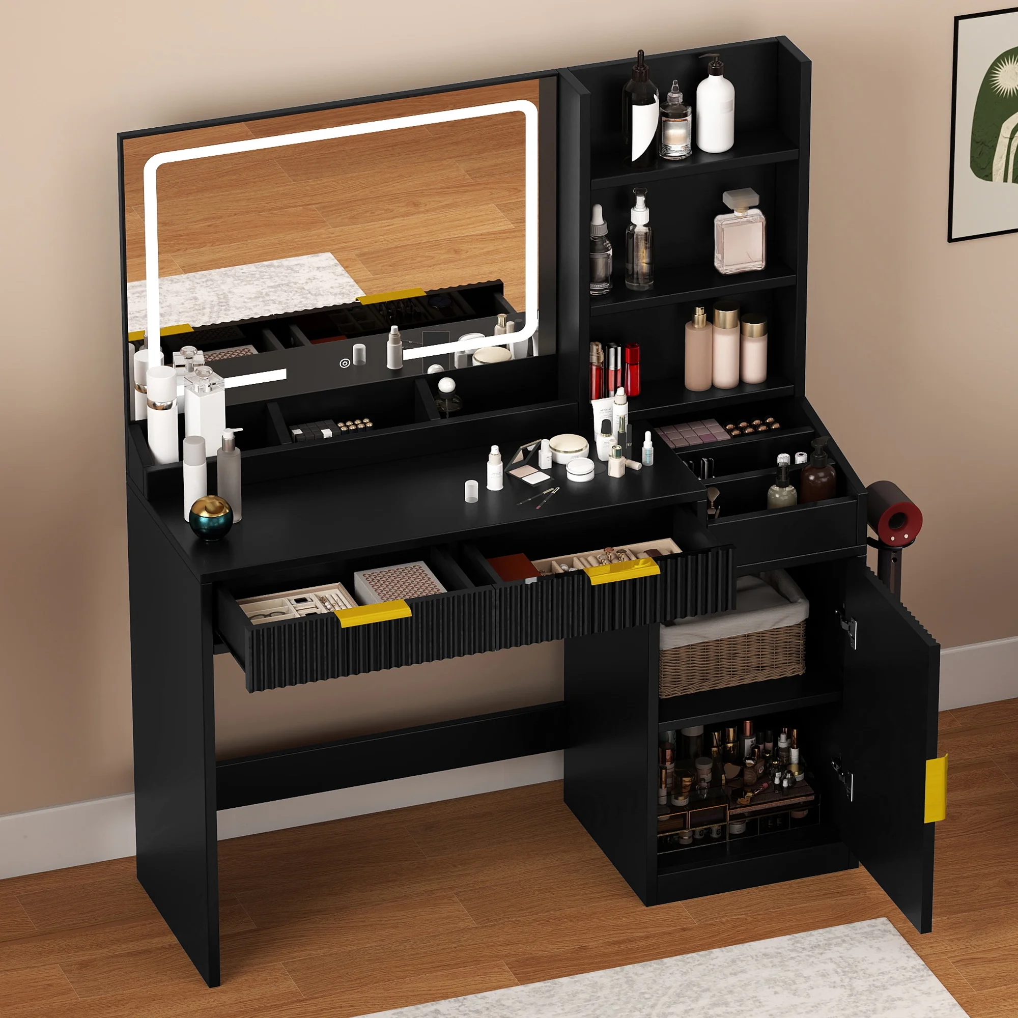 Uforic Vanity Desk with Mirror and LED Lights, Makeup Vanity Table with 2 Drawers & 11 Shelves, Makeup Table with Power Outlet for Bedroom Dressing Room,Oak