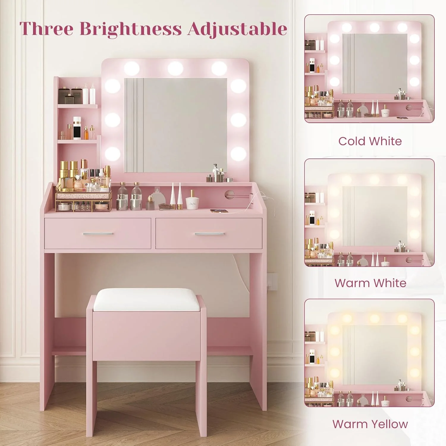OYang Makeup Vanity with Lights, Vanity Desk with Mirror and Lights Set, Large Drawer and Two-Tier Lots Storage Cabinet, 3 Lighting Modes Adjustable Brightness