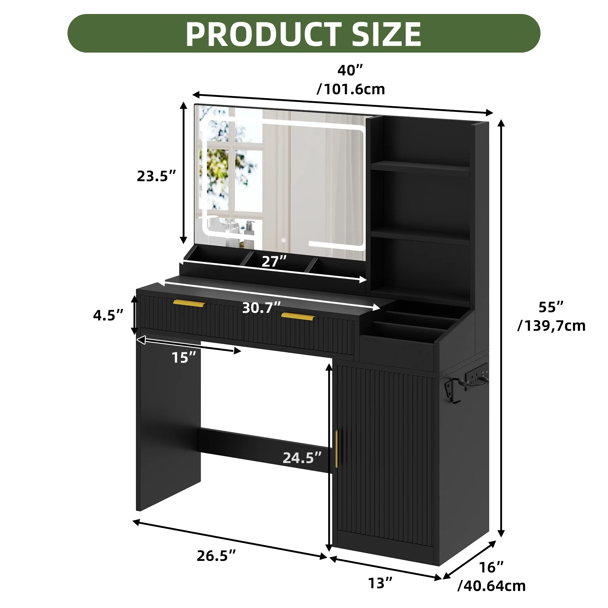 Uforic Vanity Desk with Mirror and LED Lights, Makeup Vanity Table with 2 Drawers & 11 Shelves, Makeup Table with Power Outlet for Bedroom Dressing Room,Oak