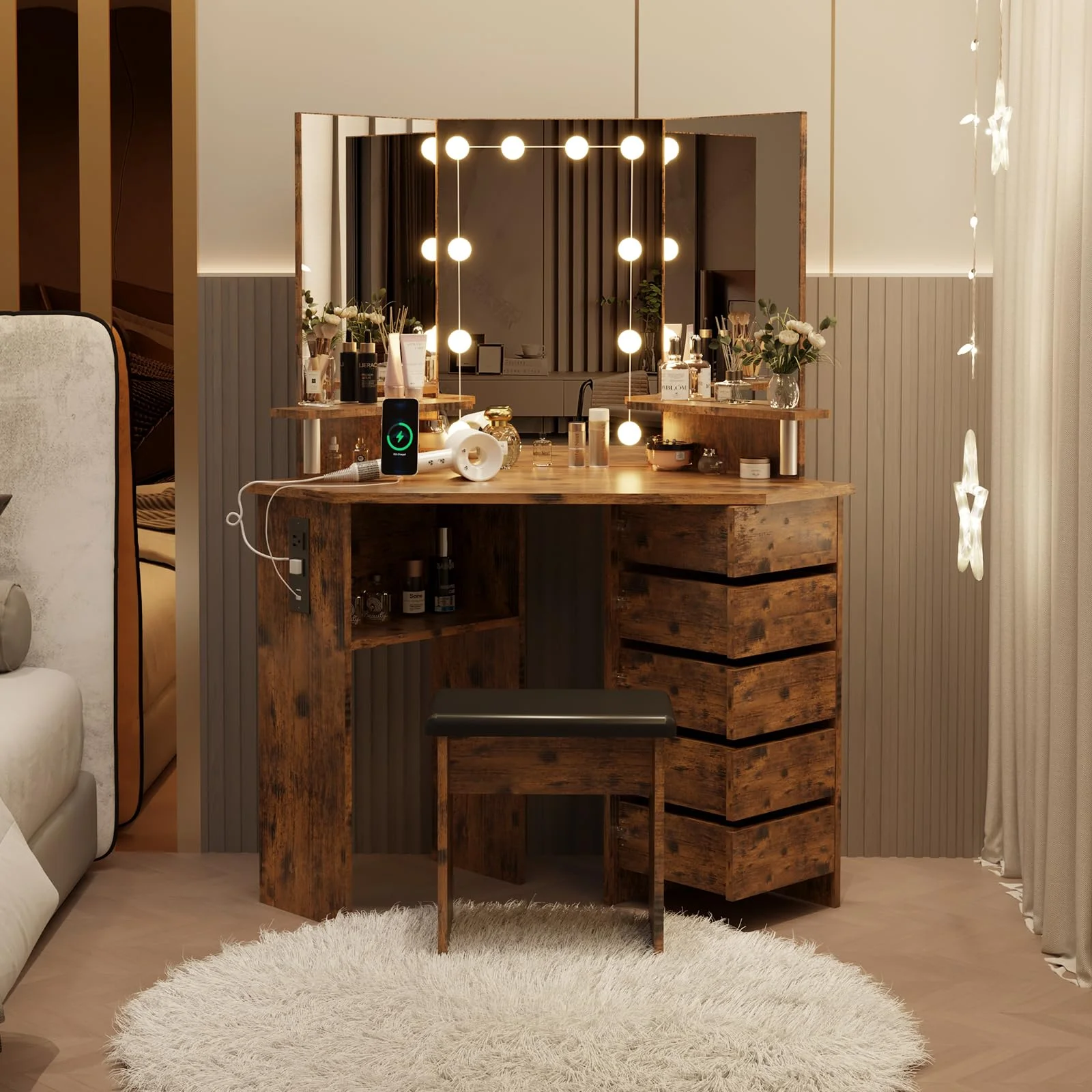 Ataucjin Makeup Vanity Desk With Lights Mirror & Power Outlet Corner Makeup Vanity Table With 5 Rotating Drawers Shelves And Stool 3 Color Lighting Makeup Table Bedroom Dressing Table
