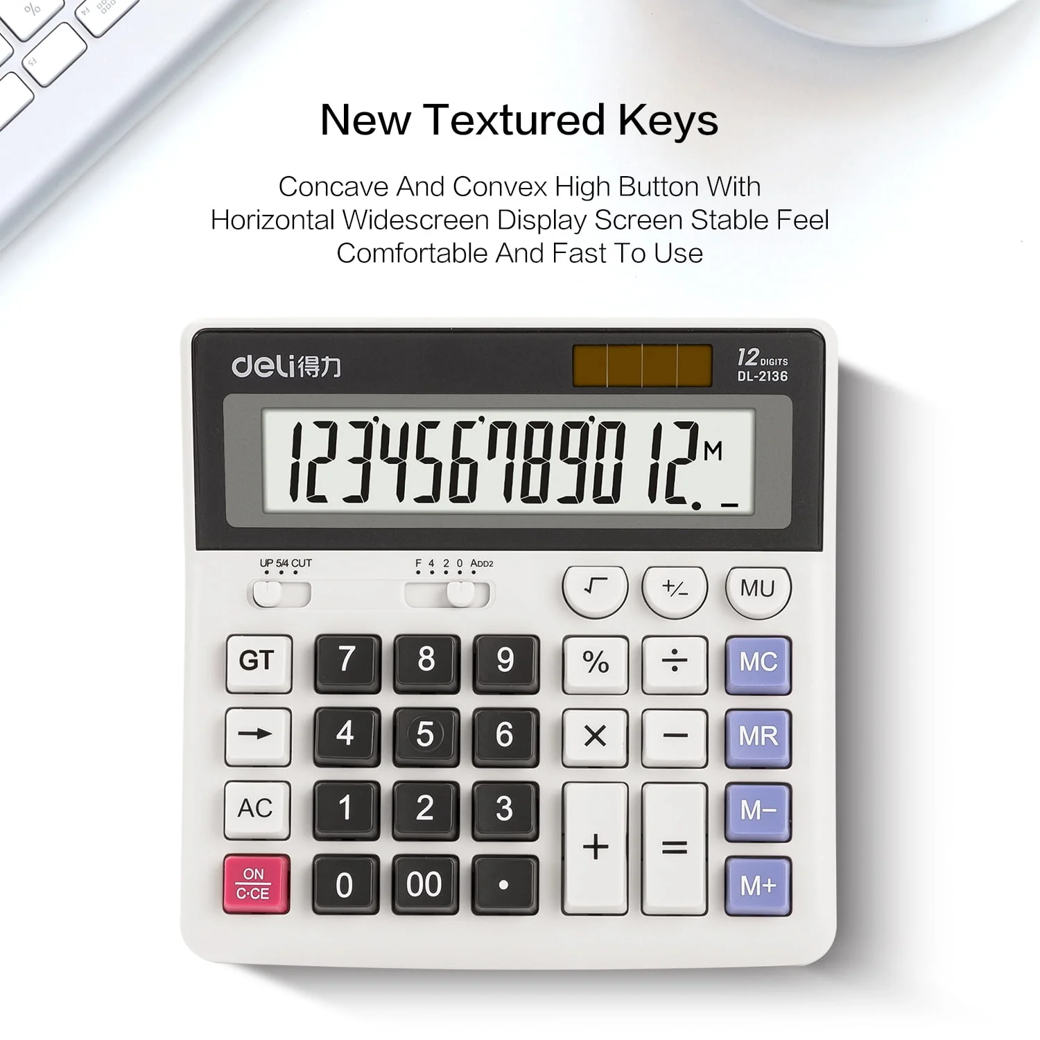 Deli 12-Digit Desktop Calculator, Dual Power, Extra Large LCD Display, White