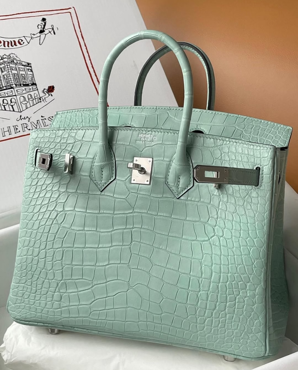 Hermès Birkin 25-30 mint green matte crocodile leather