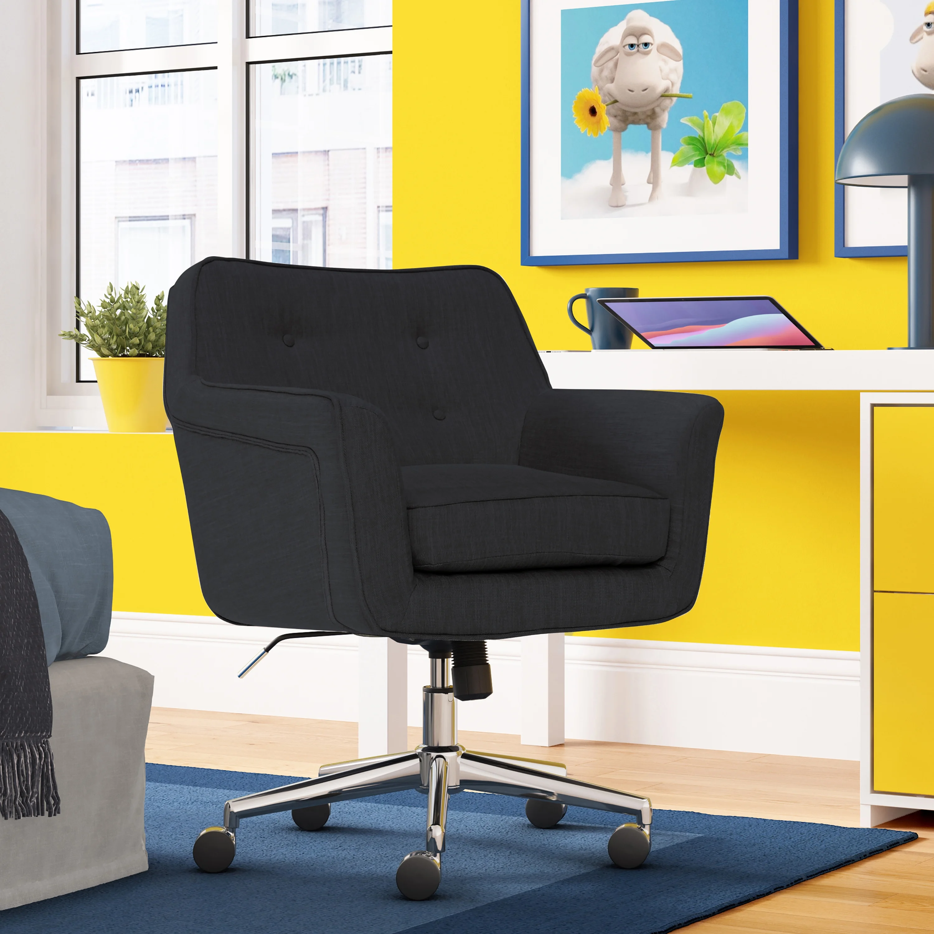 Serta Ashland Office Desk Chair, Button Tufted Mid-Back, Memory Foam Cushion, Chrome Swivel Base, Charcoal