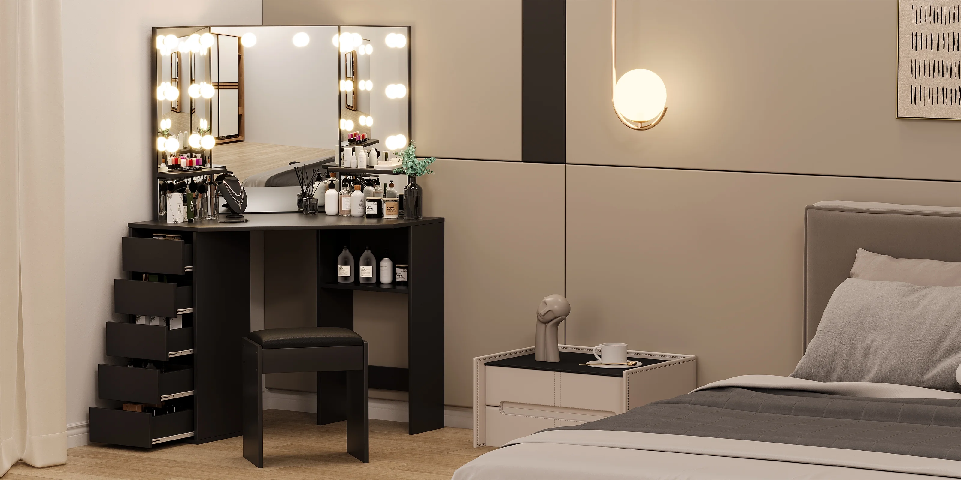 Danolapsi Corner Makeup Vanity Desk with Mirror and Lights,Bedroom Vanity Table with Lighted Mirror 5 Sliding Drawers and Storage Shelf for Women Girls(ship in 2 boxes)