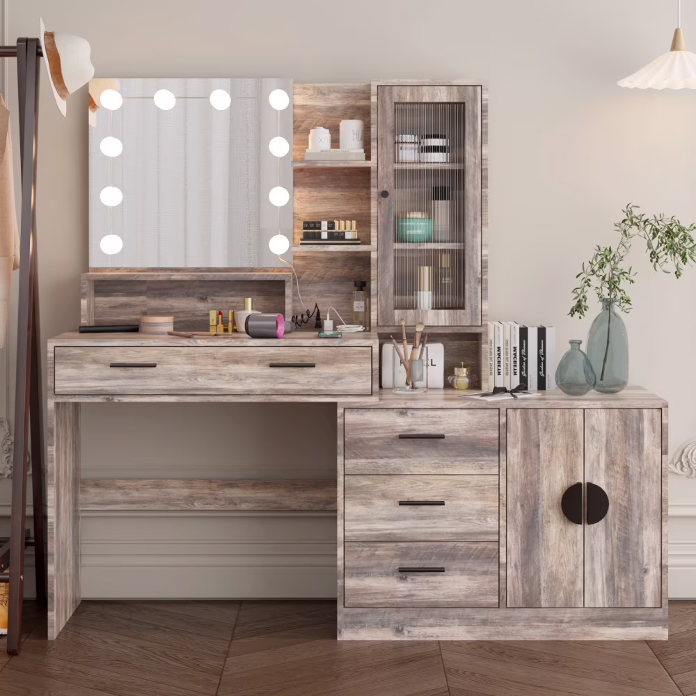 IVV Vanity Desk with Lighted Mirror and Charging Station, Makeup Dressing Table with 5 Drawers and Storage Cabinet, 10 LED Bulbs, 3-Color Lighting Modes, Brightness Adjustable, Black