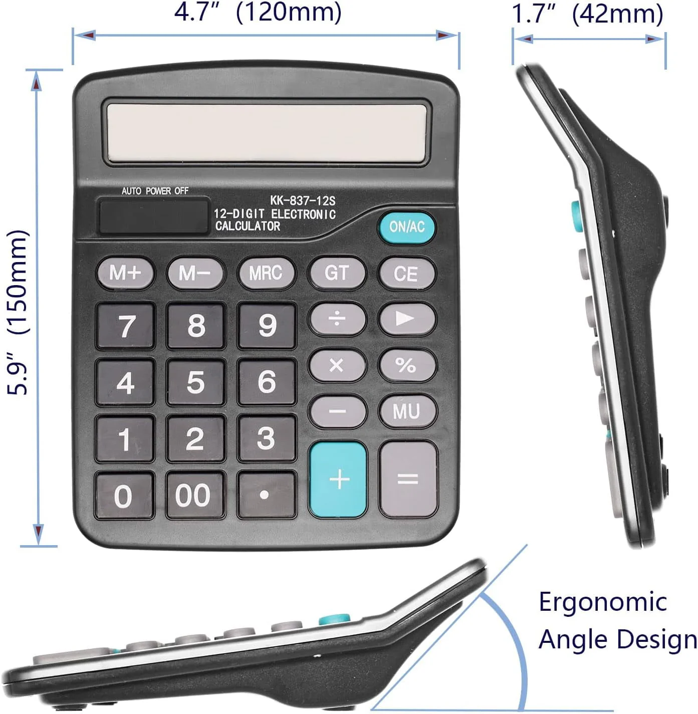 Office Calculator, Desktop Calculator with 12 Digit Large LCD Display, Solar and Battery Dual Power for Office, Primary School, Market or Home, Black