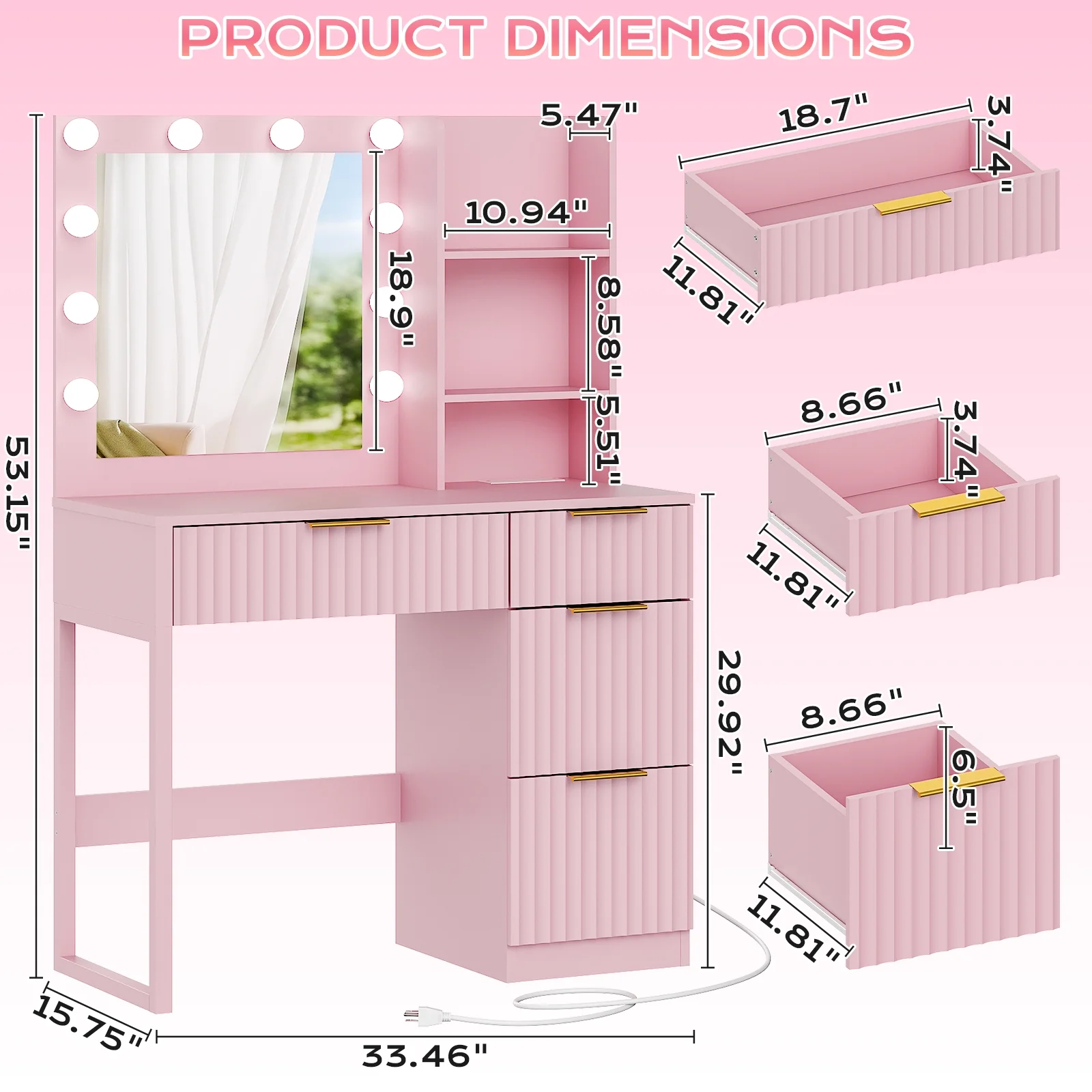 Ktaxon Vanity Set with 3 Color Lighted Mirror, Makeup Table with 3 Storage Shelves & Drawers, Dressing Table Makeup Desk with Stool,White
