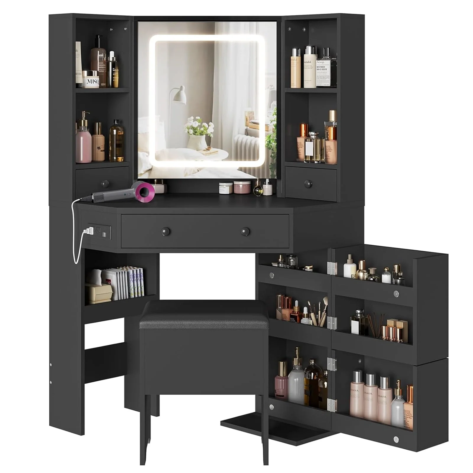 Black Vanity Set with Lights & Charging Station & Cushioned Stool, Modern Makeup Vanity Desk Table with Visible Drawers and Open Storage Shelves for Women Girls