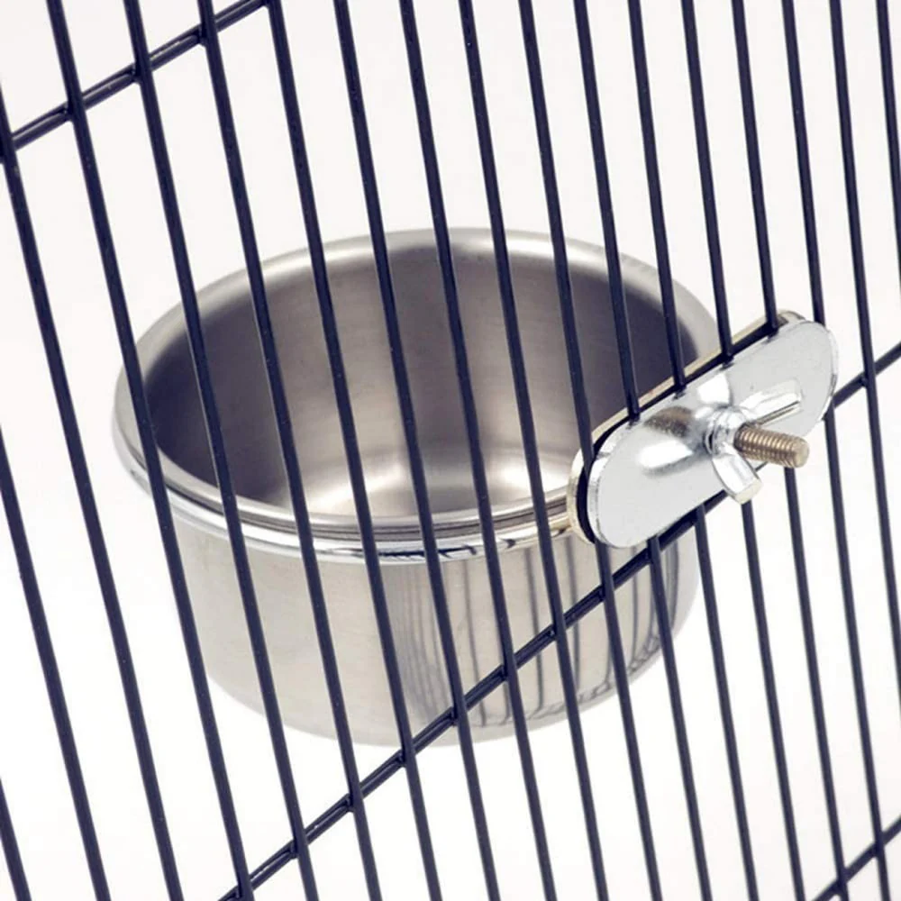Trianu 2 Pack Bird Feeding Dish Cups Parrot Stainless Steel Food Water Dish Platform Feeder Cage Bowl with Clamp Holder for Cockatiel Budgies Parakeet Macaw