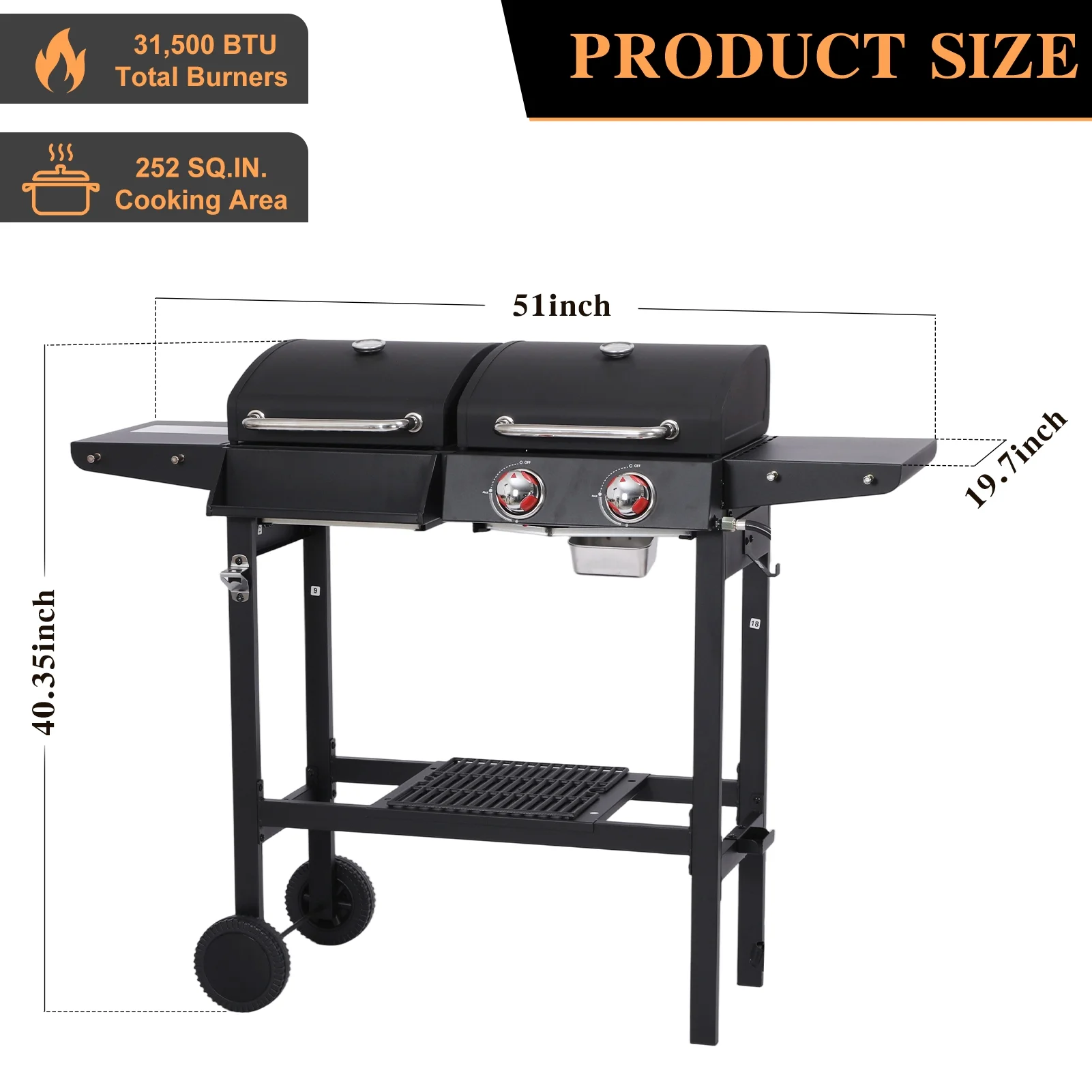 2 Burner Gas and Charcoal Combo Grill, 21,000 BTU Output Outdoor Barbecue Grill with Cast Iron Grates and Versatile Mini Grill Pan, Perfect for Outdoor Cooking, Balcony, Backyard, Camping, BBQ Grill