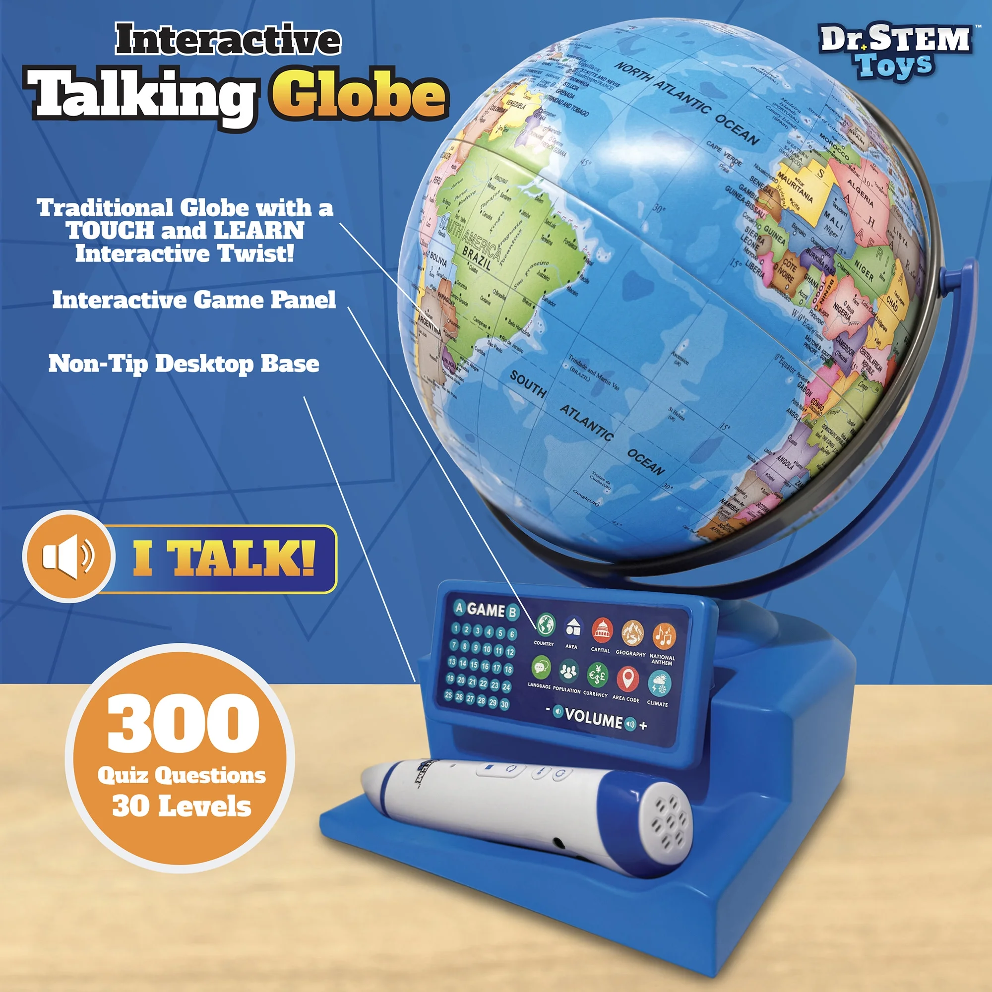 Dr. STEM: Interactive Talking Globe - Touch & Learn, Geographic Education Learning Set, Smart Pen, Electronic Game Panel, 300 Quiz Questions, Kids 6+