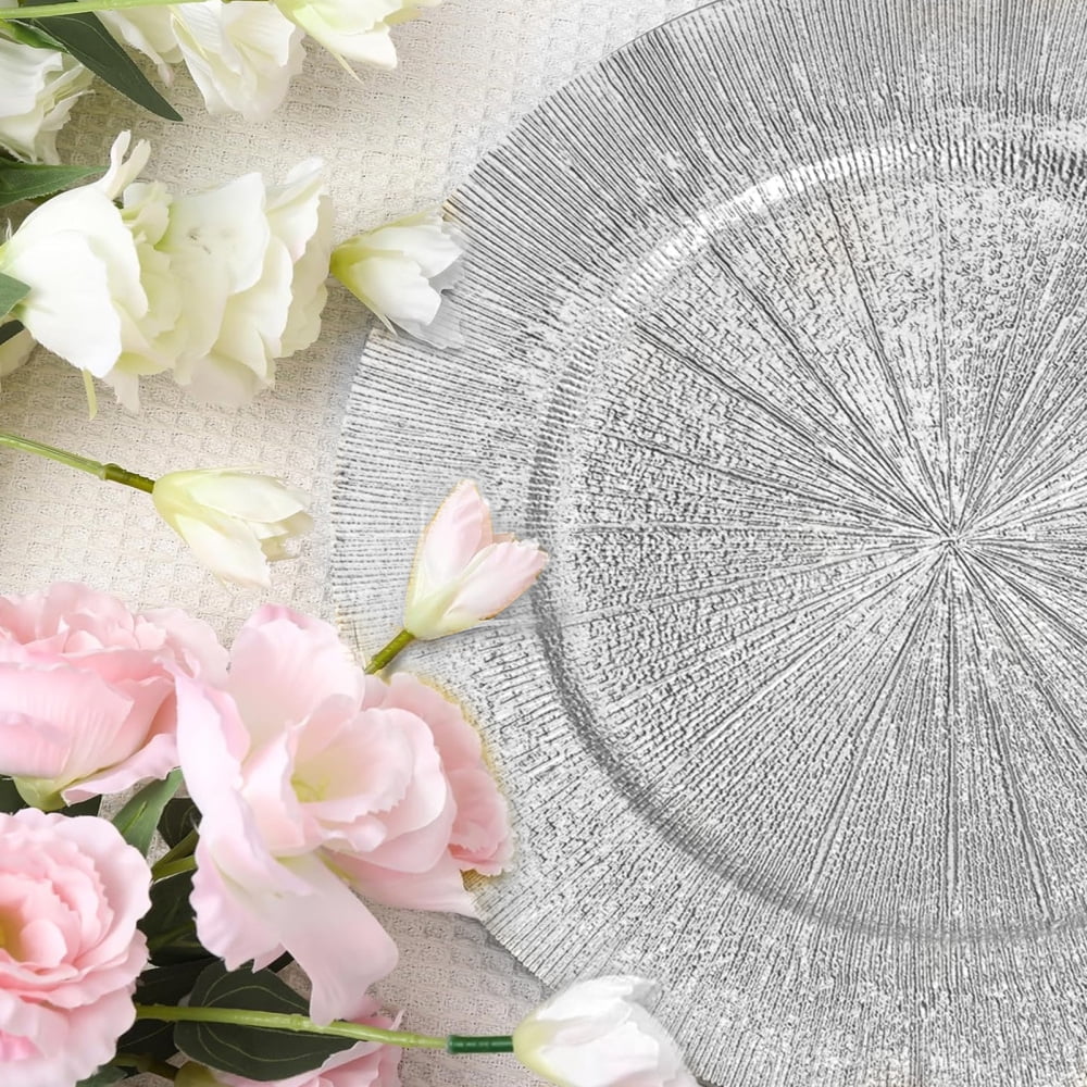 WAASOSCON 100Pcs Bulk Silver Charger Plates, PP Charger Plates for Weddings, Textured Decorative Tableware for Events and Holiday Parties