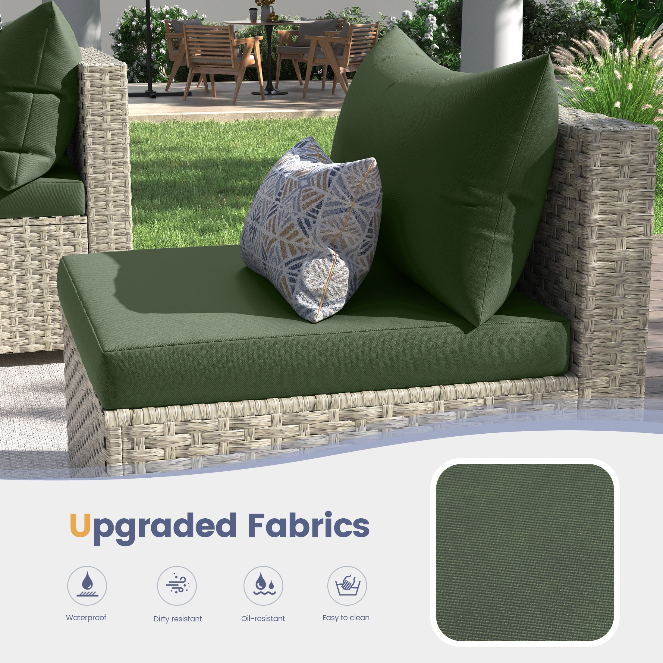 Techmilly 5 Pieces Patio Sectional Sofa PE Rattan Wicker Conversation Sets with Cushions and Glass Table(Green)