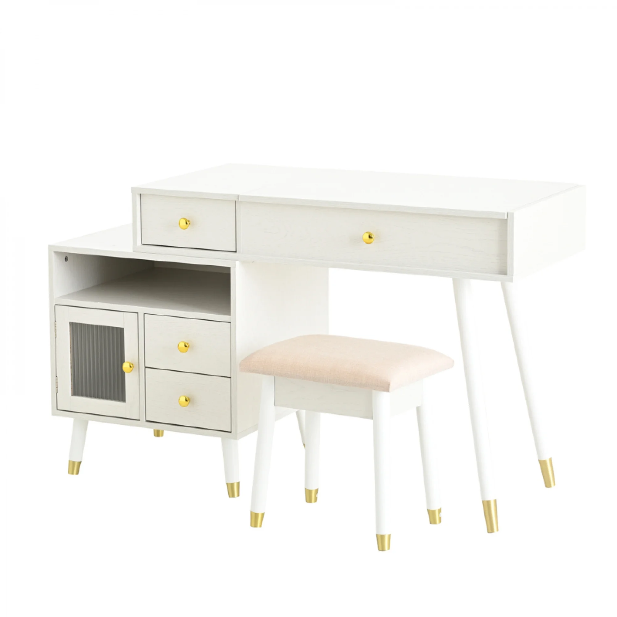 3-in-1 Vanity Desk with Lighted Flip-Top Mirror & Adjustable Cabinet, Makeup Dressing Table with Stool, Dresser with Drawers for Bedroom, White