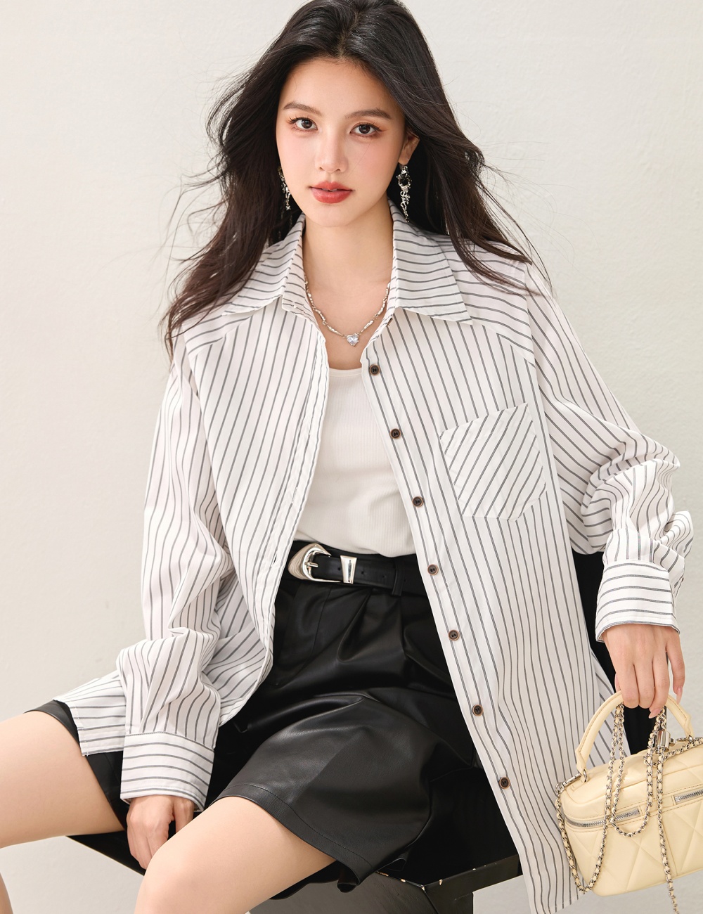 Autumn white stripe shirt loose Casual tops