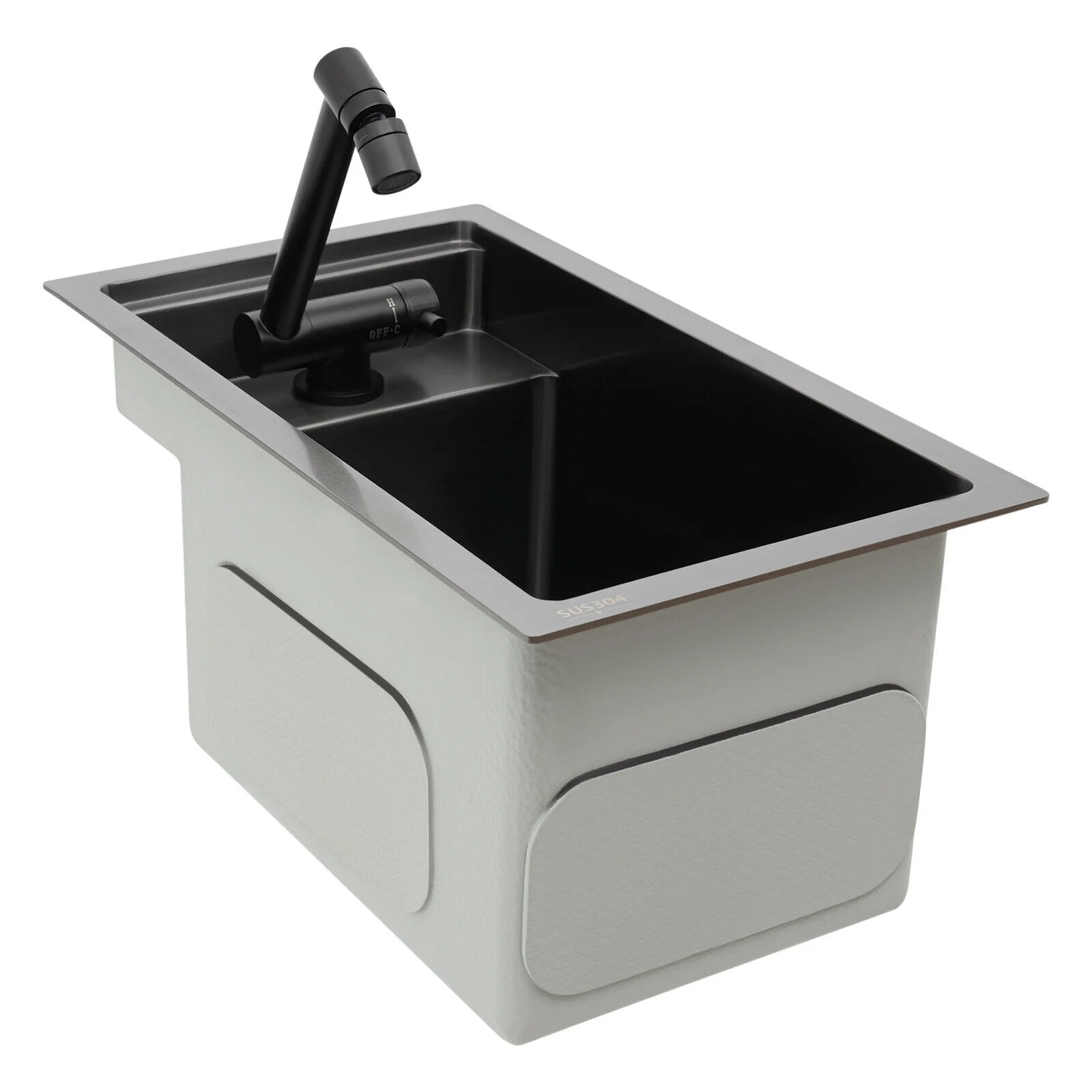 Modern Drop in Bar Sink, Single Bowl Kitchen Sink with Foldable Faucet, Black Nano 304 Stainless Steel Utility Sink for Compact Kitchen Commercial Hotel RV Laundry