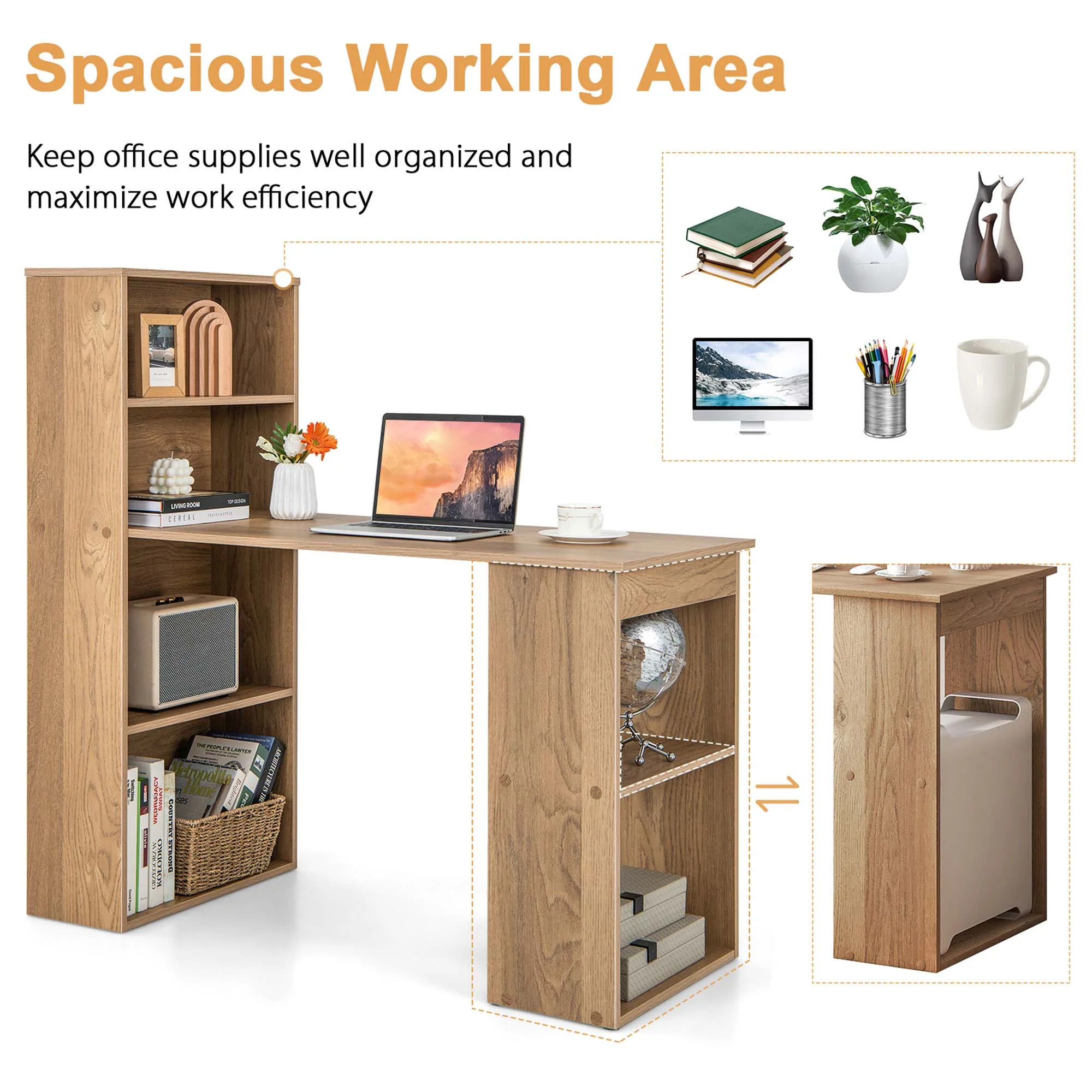 Costway Computer Desk Writing  Workstation Office 6-Tier Storage Shelves Natural
