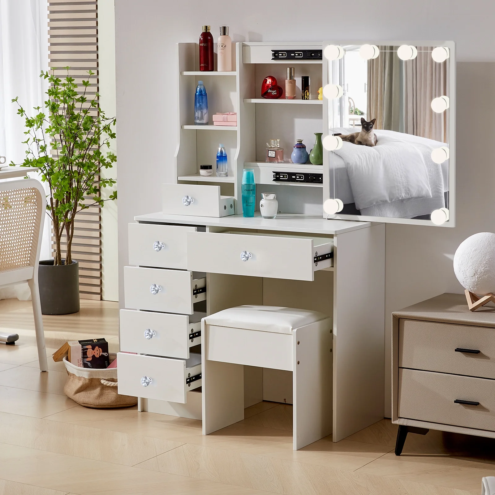 Jarbalai 10-LED Vanity Table with Sliding Mirror, 6 Drawers & Stool, White Makeup Desk