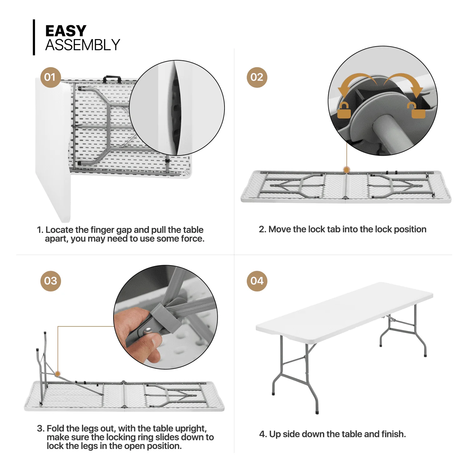 MoNiBloom 8Ft Folding Heavy Duty Table, Indoor Outdoor Portable Rectangle Plastic Picnic Desk with Steel Frame and Handle, White