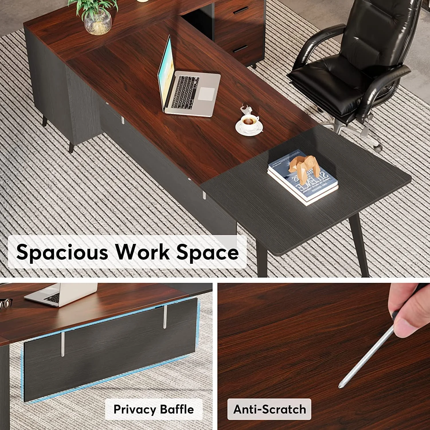 Tribesigns 87” Extra Long Executive Desk with 51” File Cabinet in Drawer and Storage Shelves, Dark Walnut & Grey